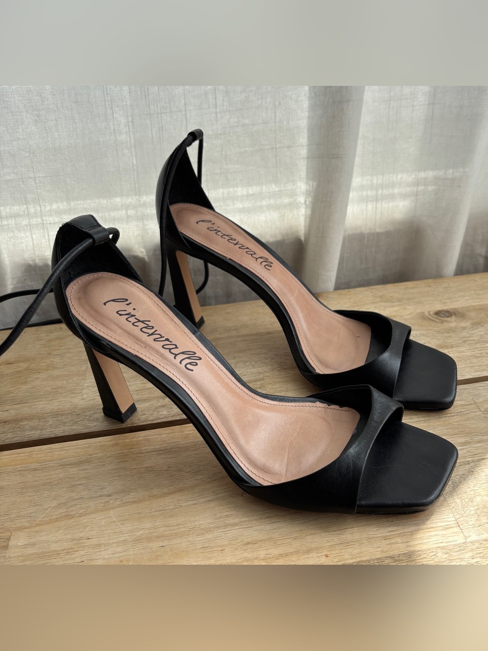 L'INTERVALLE Black Leather Open-Toe Sandal Heels with Ankle Strap made in Brazil